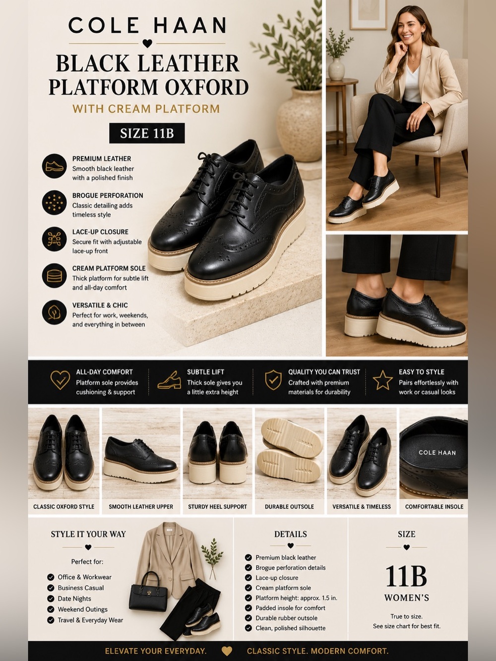 Cole‎ Haan Black Leather Platform Oxford with Cream Platform 11B NEW